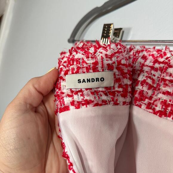 Sandro Paris Red White Tweed Mini Skirt FR 42 US 10 Bouclé Holiday Workwear - Picture 7 of 11